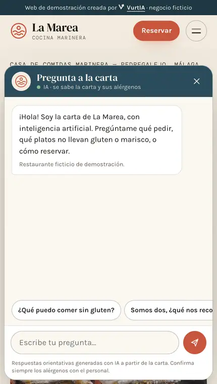 El asistente de la demo del restaurante responde a una pregunta sobre alérgenos