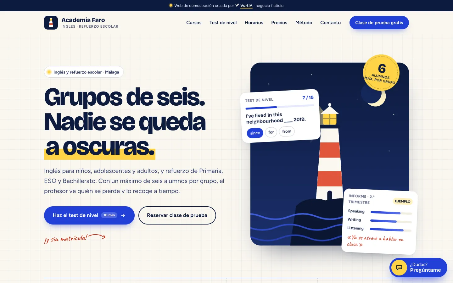 Captura de la web de demostración de Academia Faro