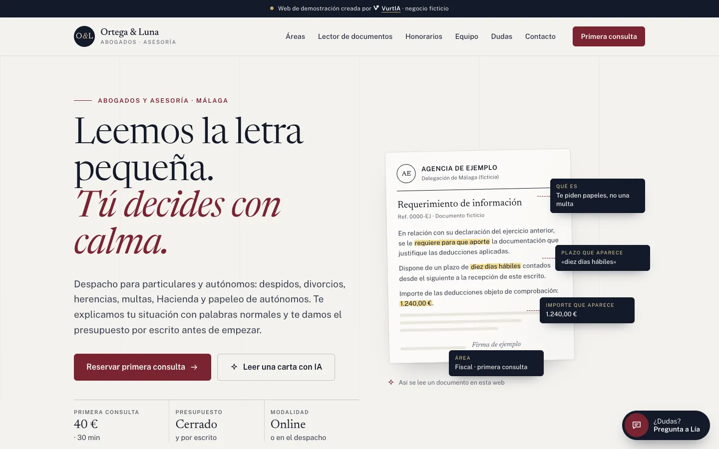 Captura de la web de demostración de despacho Ortega & Luna
