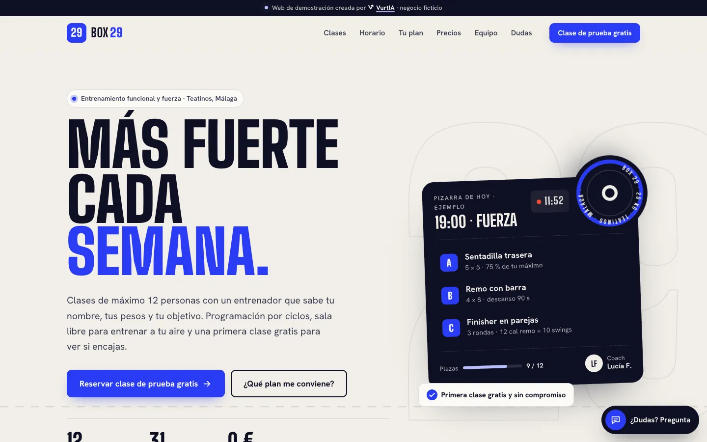 Captura de la web de demostración de gimnasio Box 29