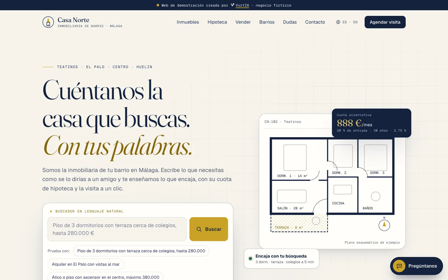 Captura de la web de demostración de inmobiliaria Casa Norte