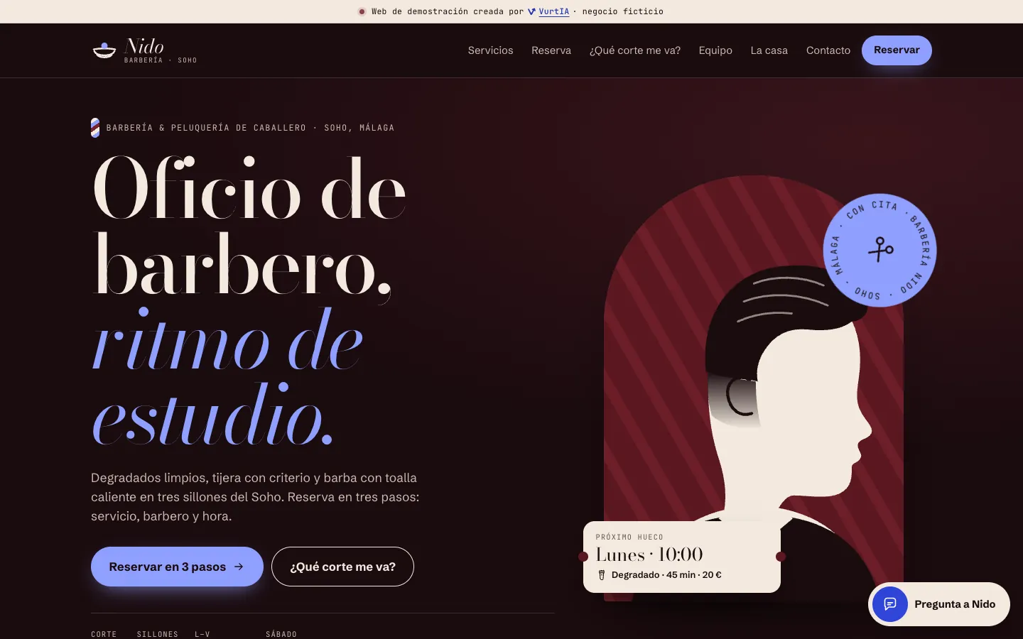 Captura de la web de demostración de Barbería Nido