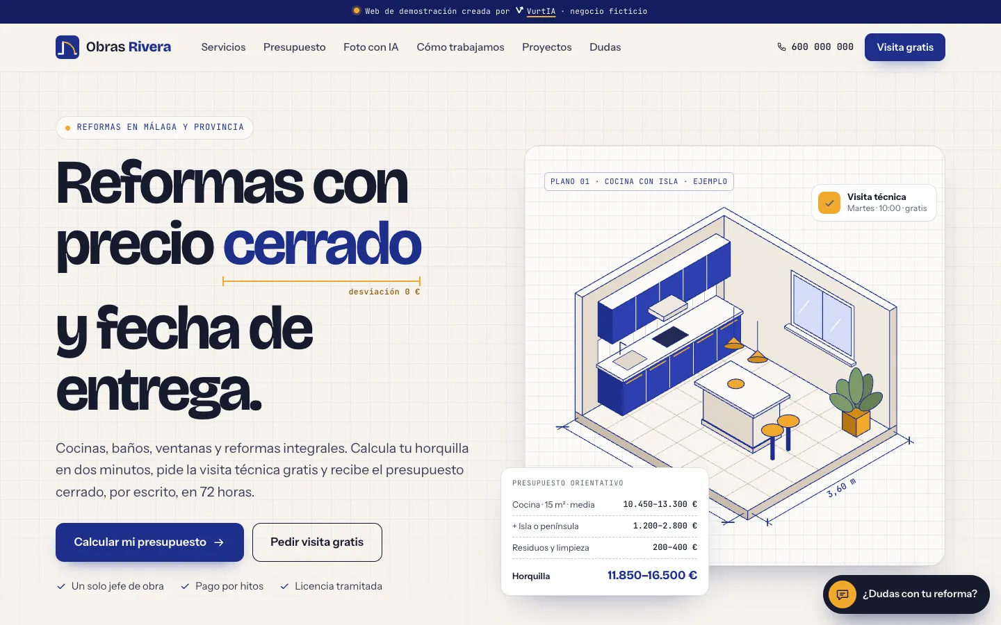 Captura de la web de demostración de empresa de reformas Obras Rivera
