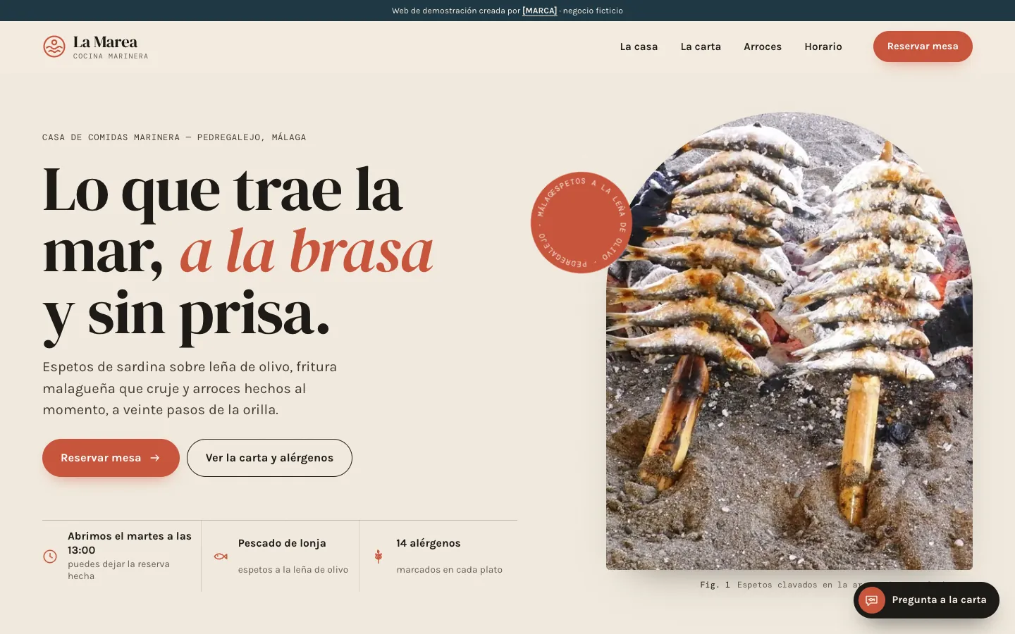 Captura de la web de demostración La Marea · Cocina marinera