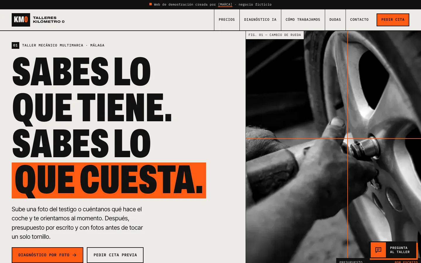 Captura de la web de demostración Talleres Kilómetro 0
